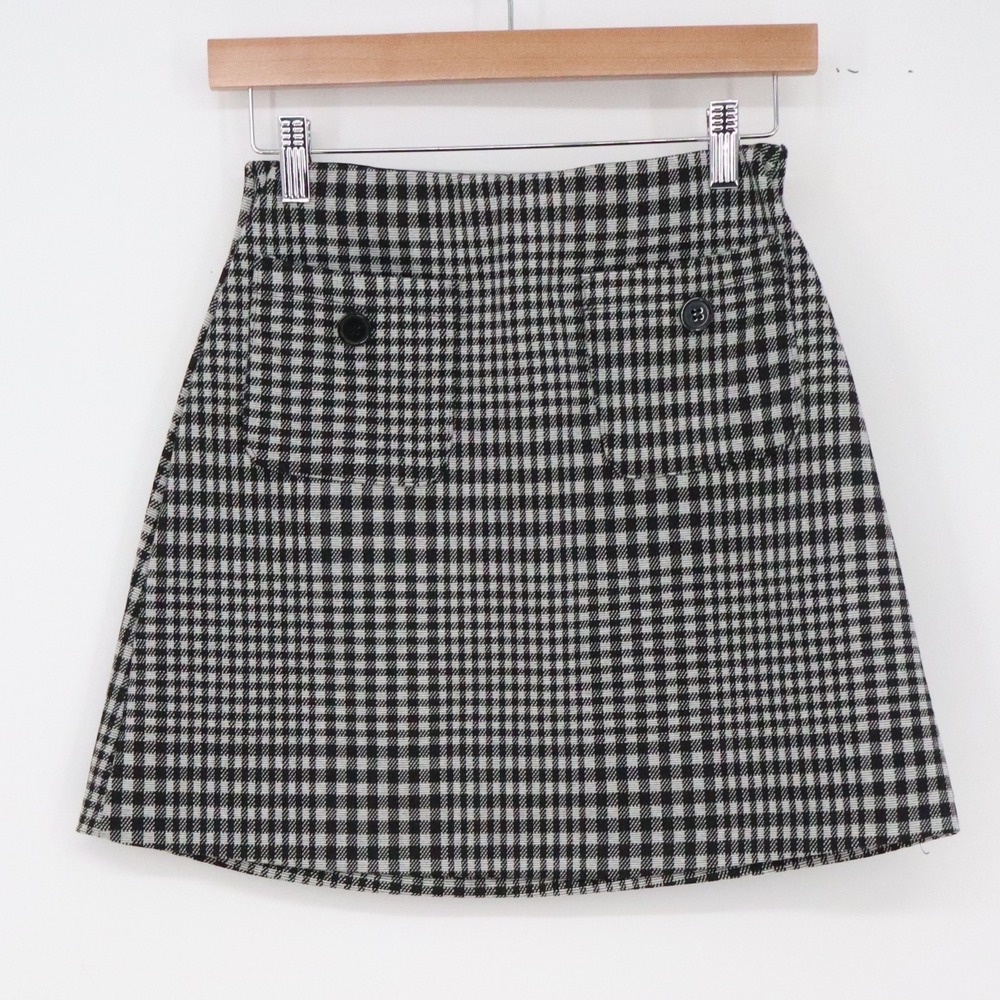 H&M Skirt Womens XS Mini A-Line Black White Houndstooth Pockets NEW